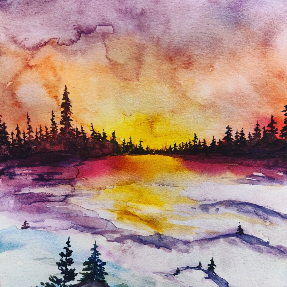 rainbow sky winter watercolor painting - Picture 1 of 1